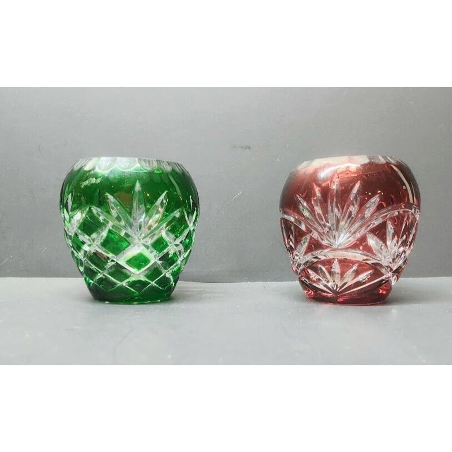 Emerald Green and Ruby Red Cut To Clear Bohemian Style candle holder Vintage