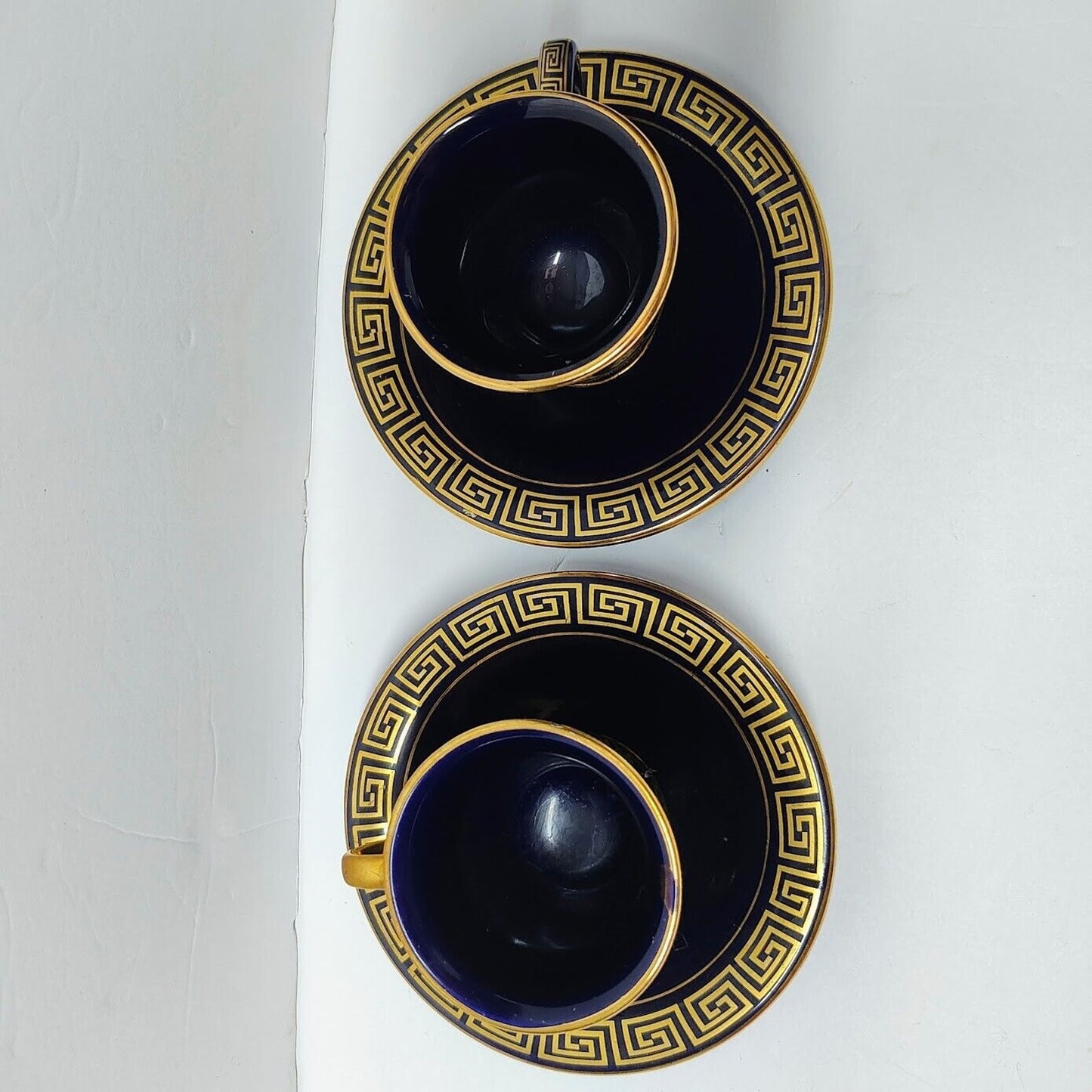 2-Greek Handmade Demitasse Cups & Saucer's Black W/ 24K Gold Vintage Spyropoulos