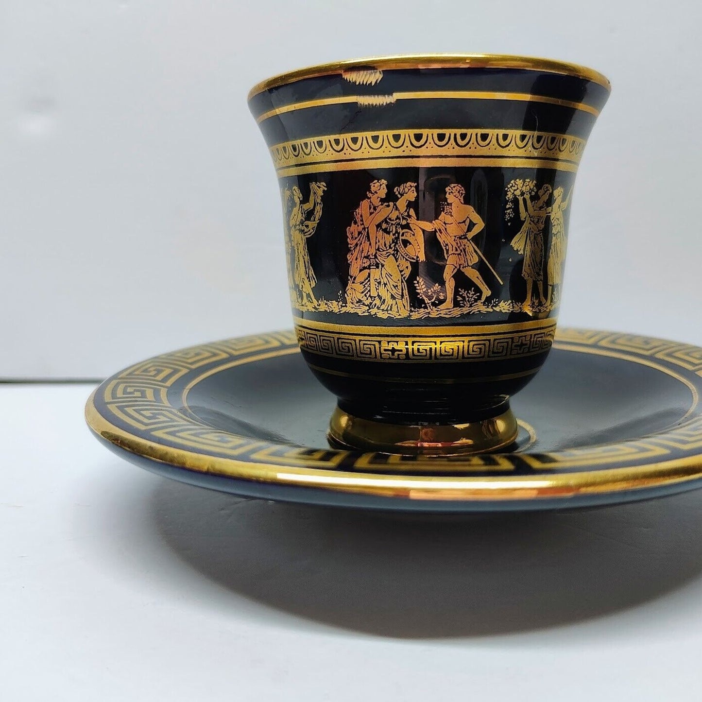 2-Greek Handmade Demitasse Cups & Saucer's Black W/ 24K Gold Vintage Spyropoulos