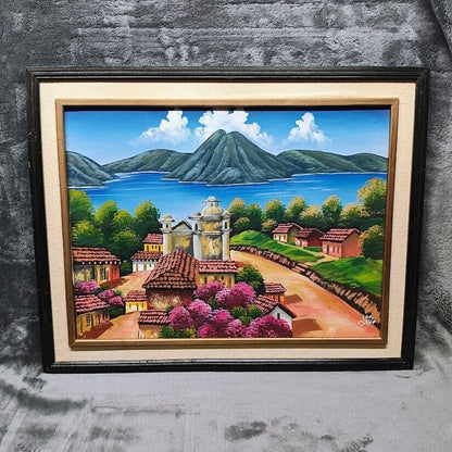 24" x 20" painting on Canvas by Leo osorio Framed and Mated Lake & Volcano