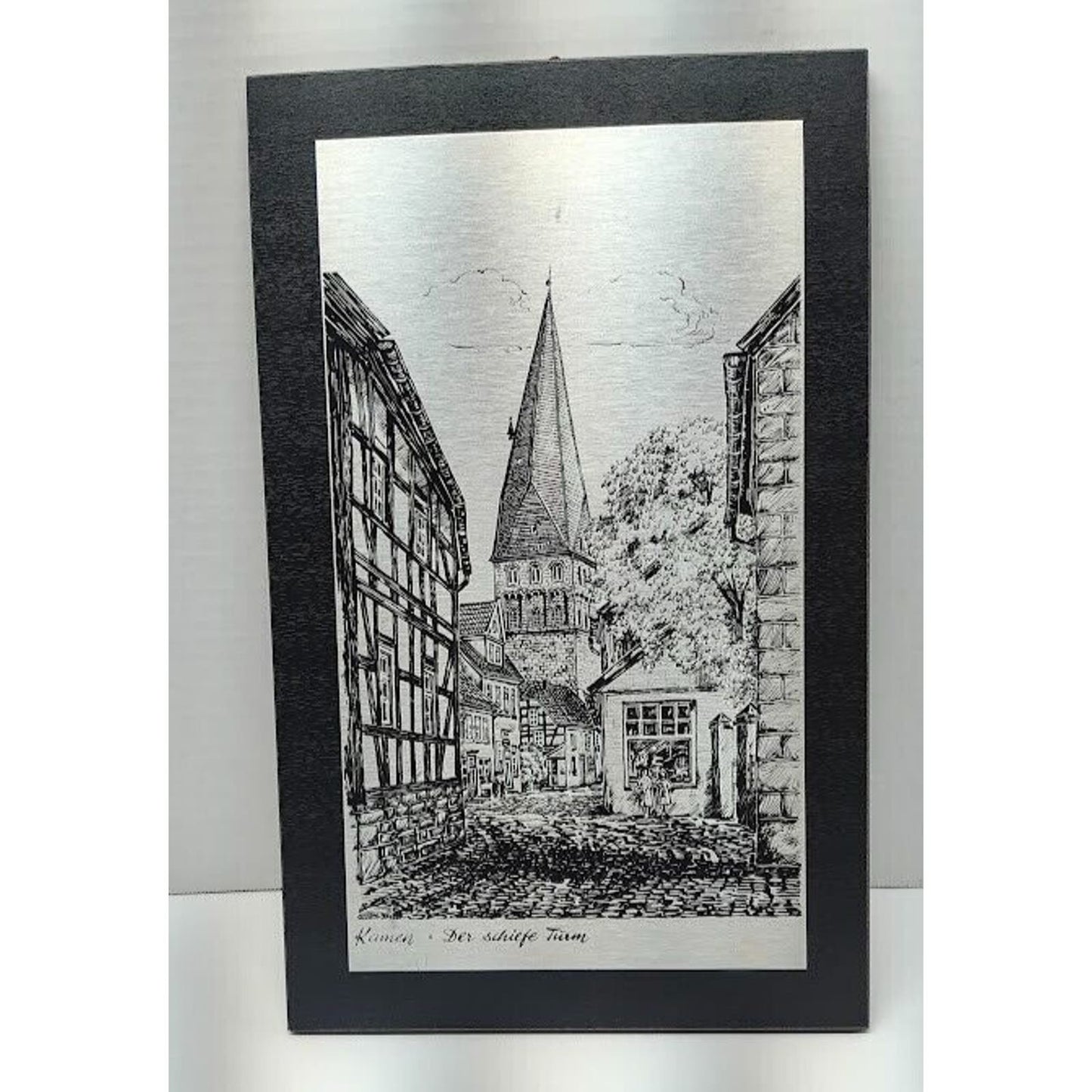 Vintage Etching On Metal Picture kamen der schiefe turm in Germany 15.5” x 9.75"