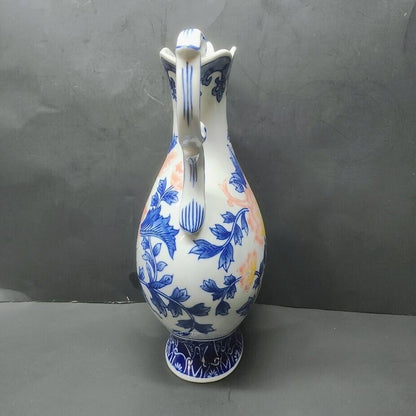 Bombay Company Blue White with flower Large Vase with Handles Chinoiserie 13.5"