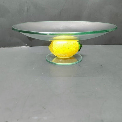 Clear Glass Cake Pie Torte Pedestal Serving Plate Bullicante Yellow Green Lemon