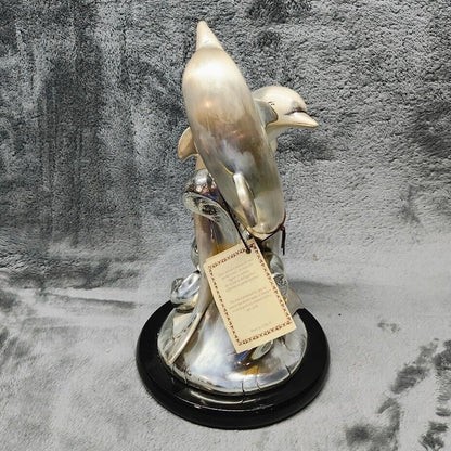 Hand Made Silver Tone Dolphins Statue, Cold Porcelain, 11" Tall -- Made in Italy