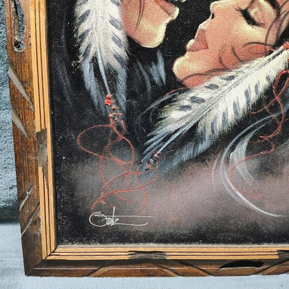 Ortiz Signed Black Velvet Oil Painting Native American Warrior & Squaw Kissing!