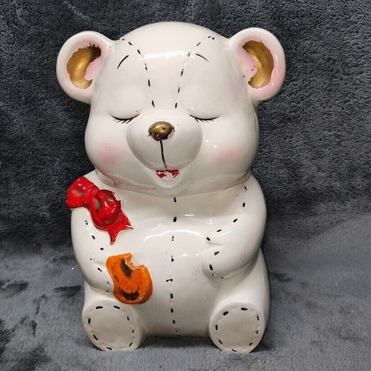 Cookie Jar Vtg Off White Ceramic Bisque 40s 50s 2 Pc Eyes Closed Teddy Bear