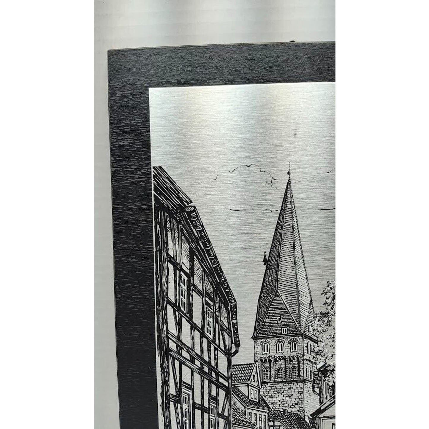 Vintage Etching On Metal Picture kamen der schiefe turm in Germany 15.5” x 9.75"