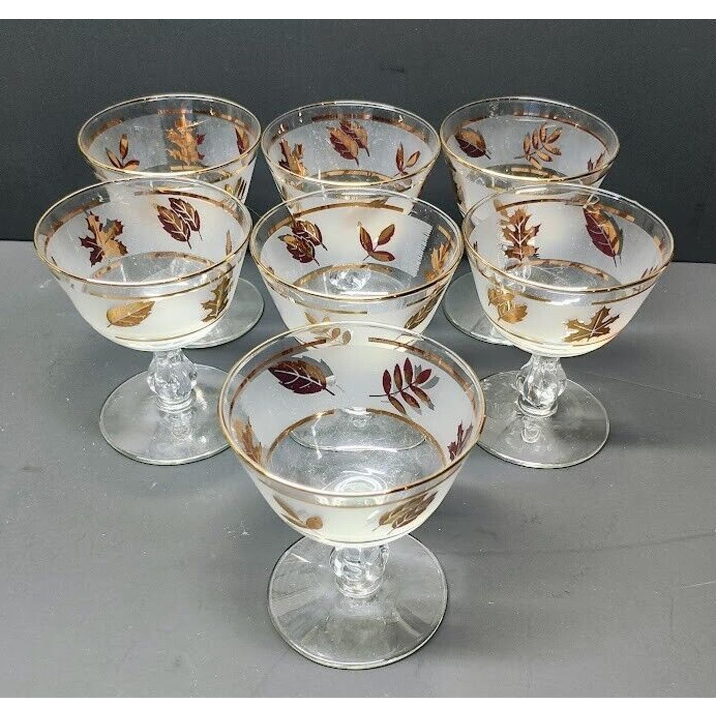 Libbey Frosted Gold Leaf Footed Glasses- Set of 7-1960's