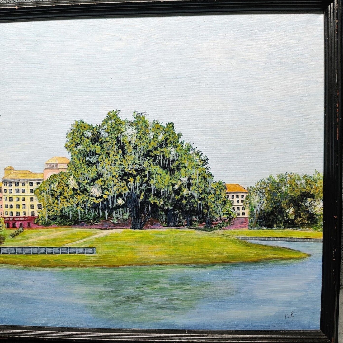 Large Painting on canvas building on a waterway and Large tree Signed KmR 2010