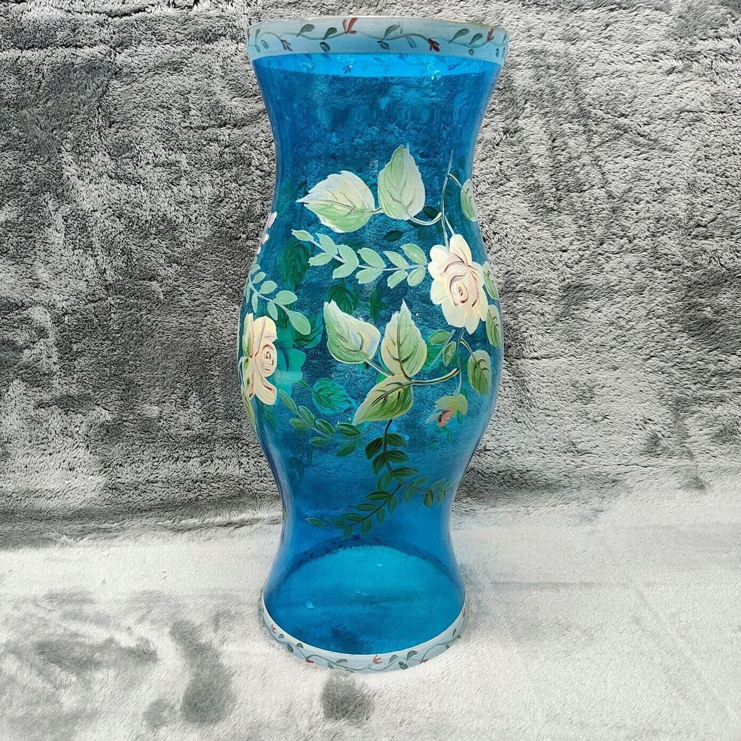 Vintage Hurricane Lamp Shade Blue Glass Chimney with Hand Painted Yellow Roses