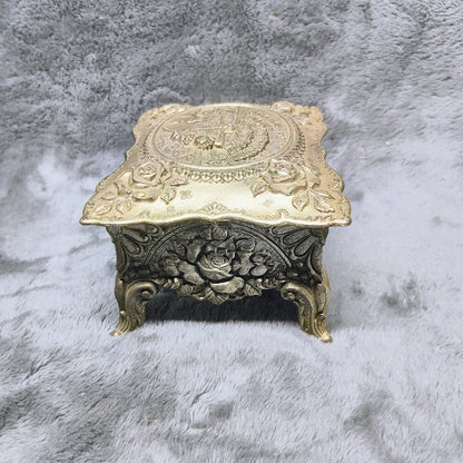 Vintage Jewelry Casket 1950s Repousse Motif Roses & Southern Lady Music Box!