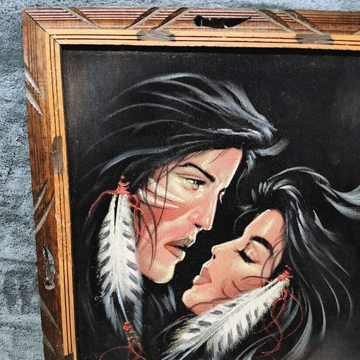 Ortiz Signed Black Velvet Oil Painting Native American Warrior & Squaw Kissing!