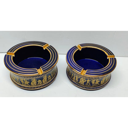 Lot of 2 Spyropoulos Greek 24k Gold on Black Ash Tray Vintage