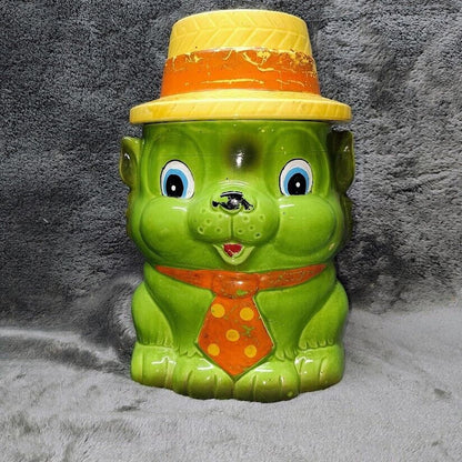 Vintage Cookie Jar of Hand Painted Green Dog With Yellow Straw Hat Japan