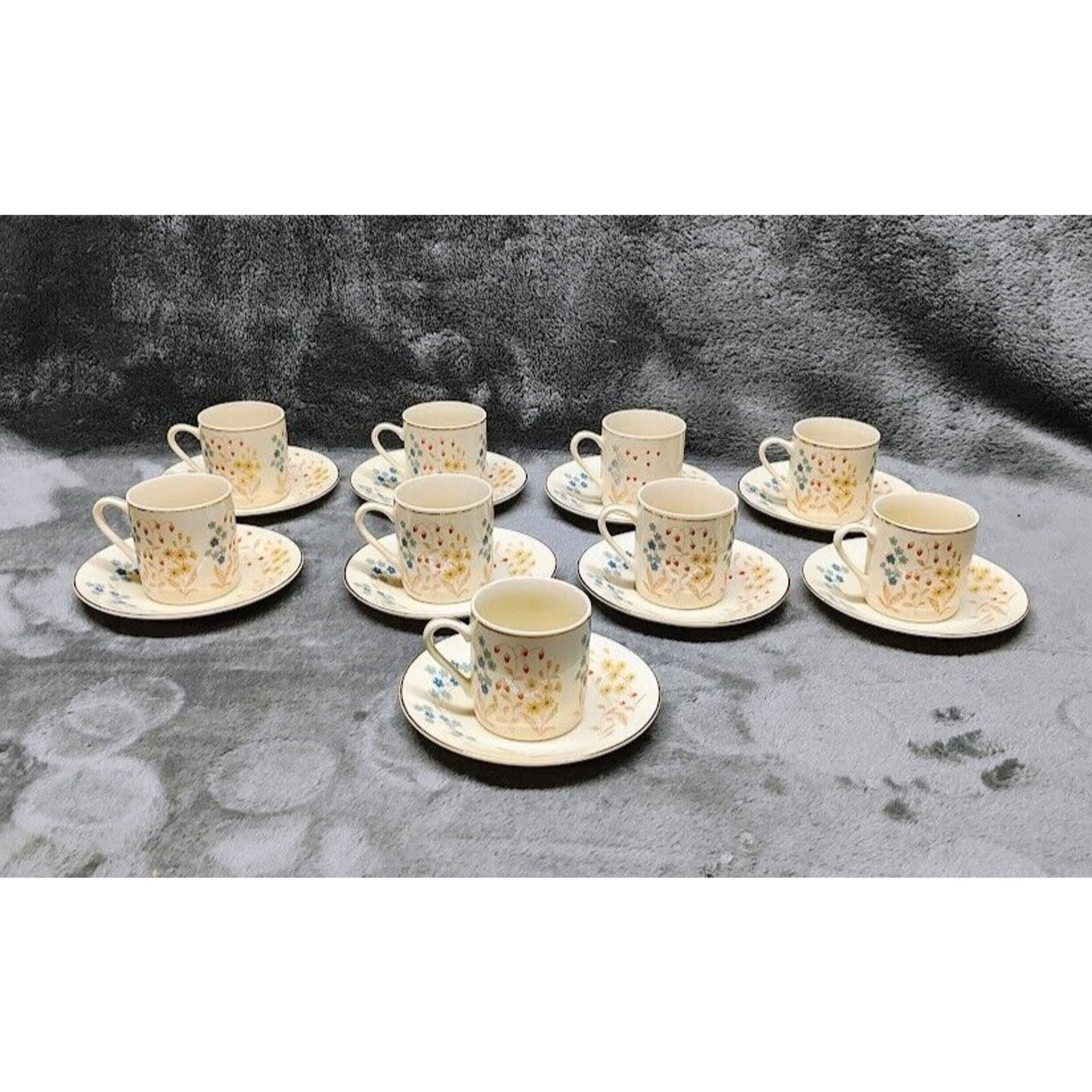 Vintage Budlet Fine China Demitasse 9 Cups & 9 Saucer Set Ivory with Flowers