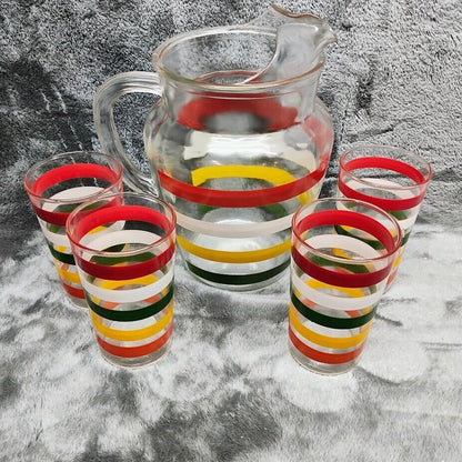 1950s Vintage Anchor Hocking Glass Pitcher Set Fiesta Bands Four Glasses