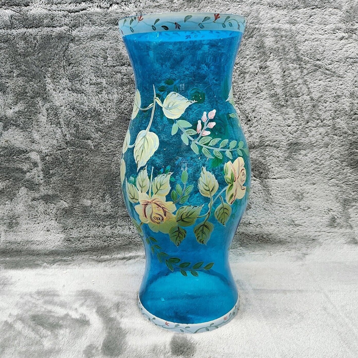 Vintage Hurricane Lamp Shade Blue Glass Chimney with Hand Painted Yellow Roses