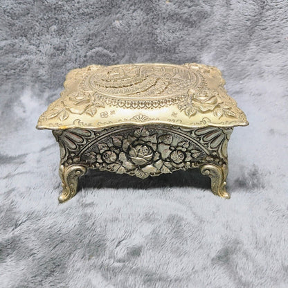 Vintage Jewelry Casket 1950s Repousse Motif Roses & Southern Lady Music Box!