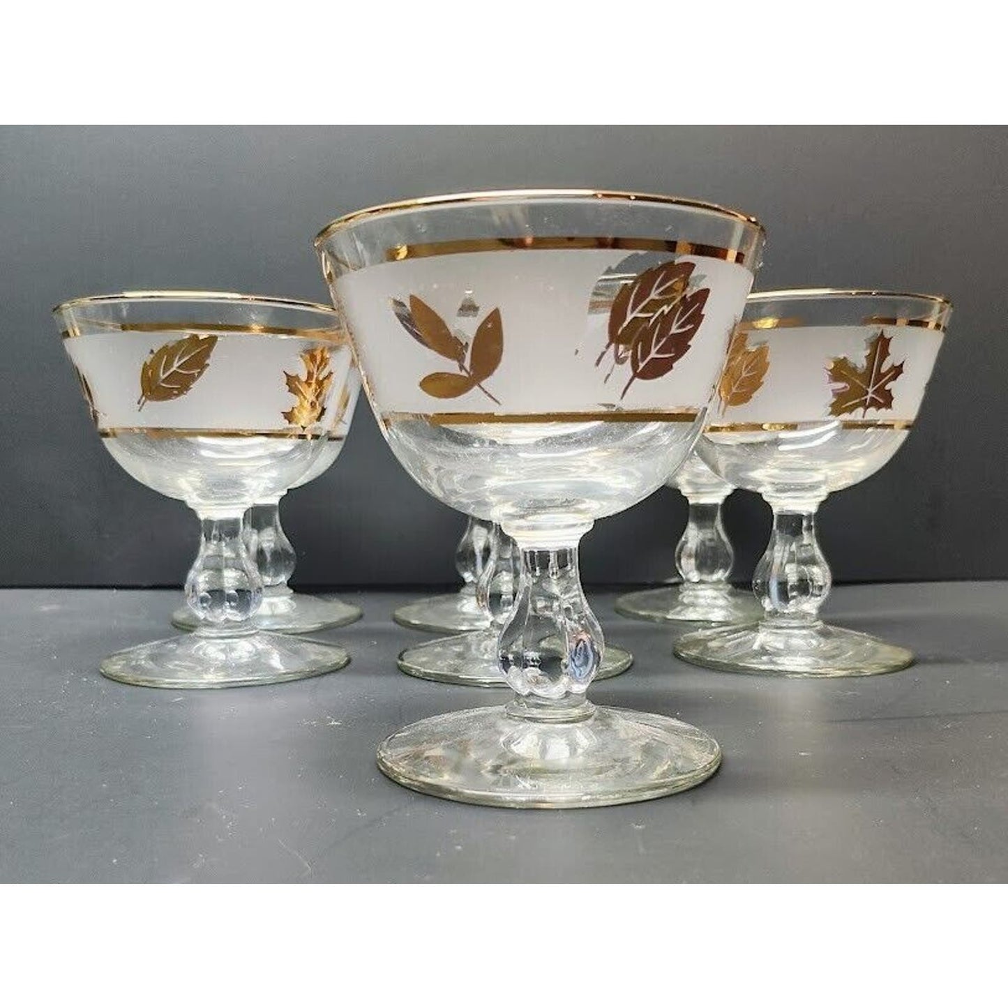 Libbey Frosted Gold Leaf Footed Glasses- Set of 7-1960's