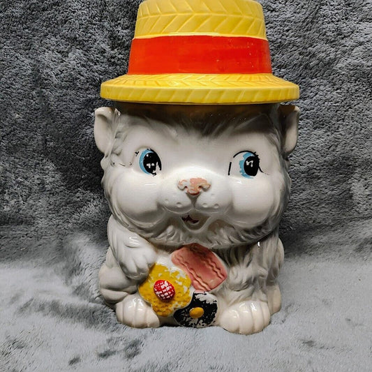 Vintage White Cat with Yellow Hat Orange Band Cookies Cookie Jar Japan RARE!