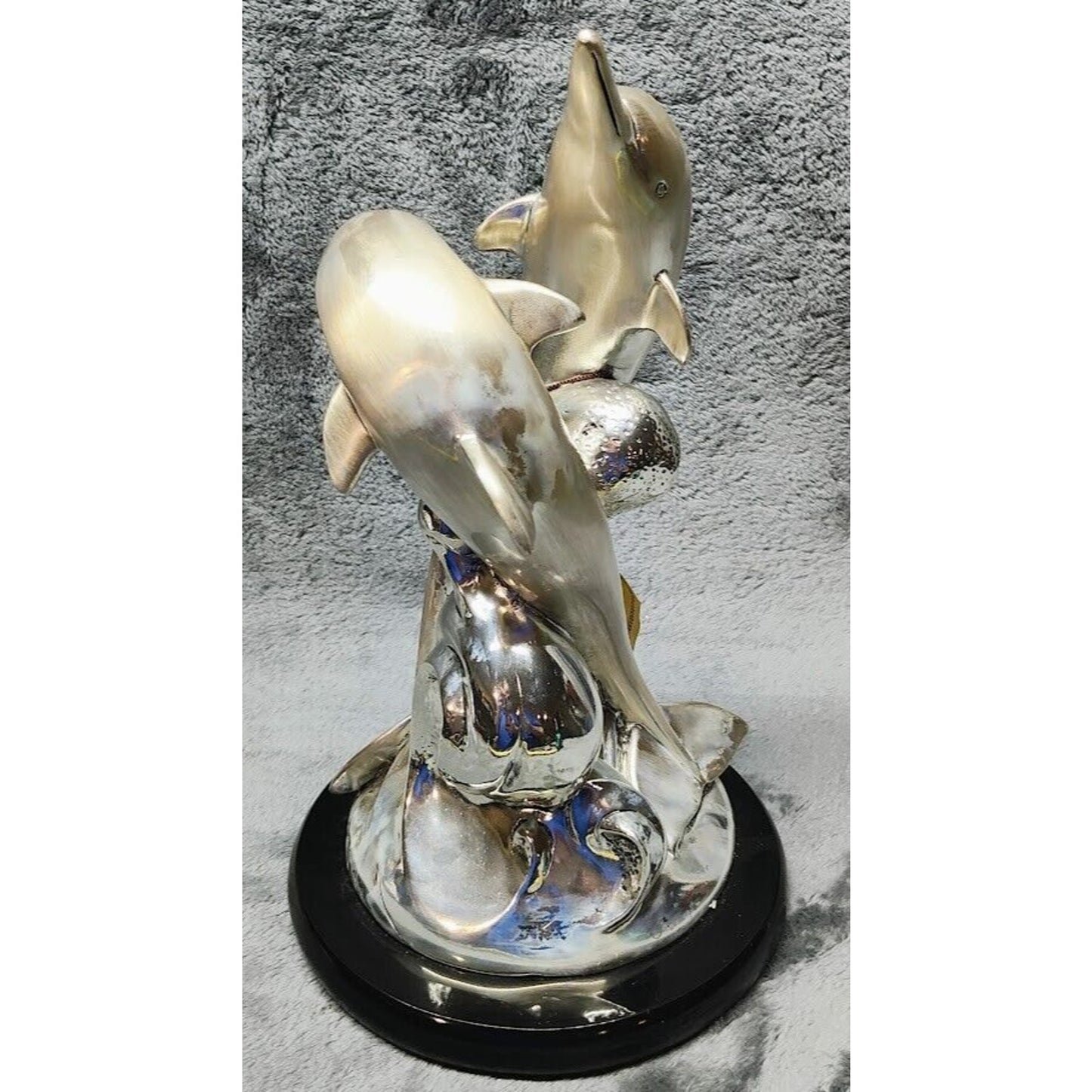 Hand Made Silver Tone Dolphins Statue, Cold Porcelain, 11" Tall -- Made in Italy