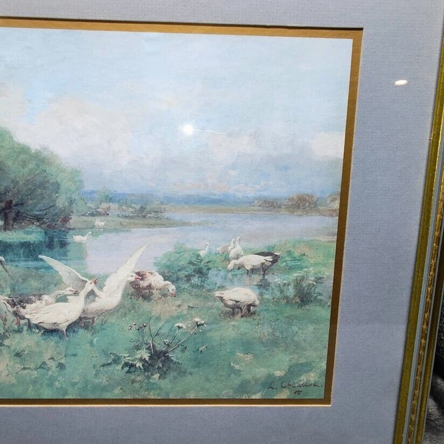 Luigi Chialiva "Guarding the Flock" Signed Print Matted & Framed 21"x 18"