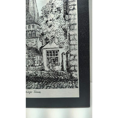 Vintage Etching On Metal Picture kamen der schiefe turm in Germany 15.5” x 9.75"