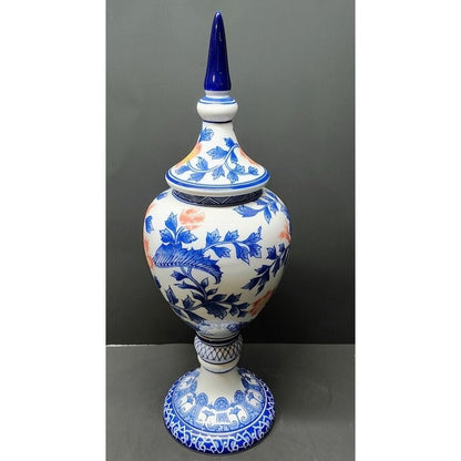 Bombay Company Blue Floral pointed lidded Urn style Large Vase 20" Tall