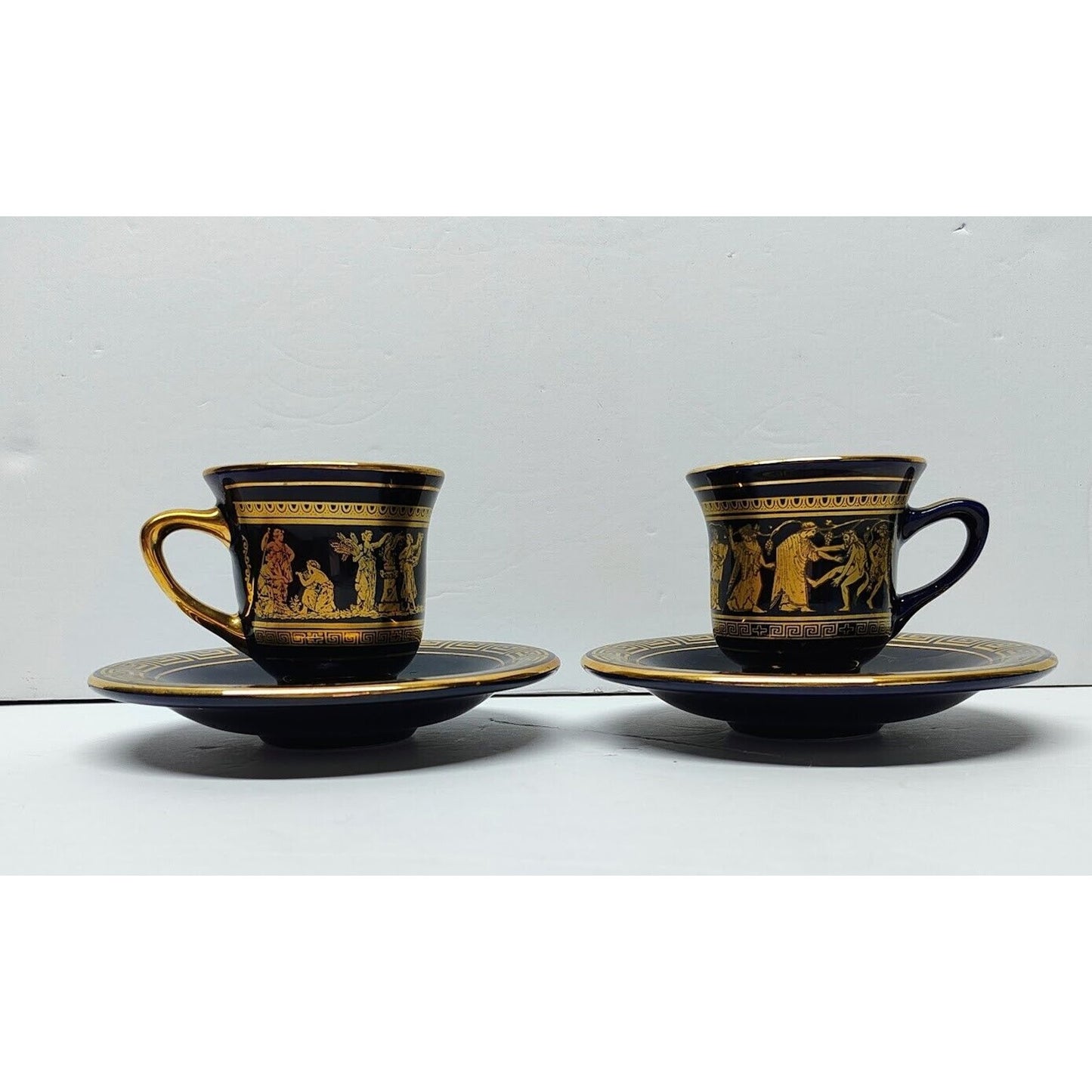 2-Greek Handmade Demitasse Cups & Saucer's Black W/ 24K Gold Vintage Spyropoulos