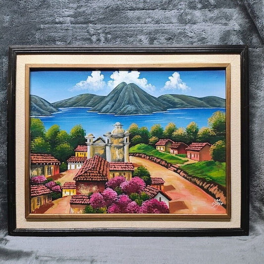 24" x 20" painting on Canvas by Leo osorio Framed and Mated Lake & Volcano