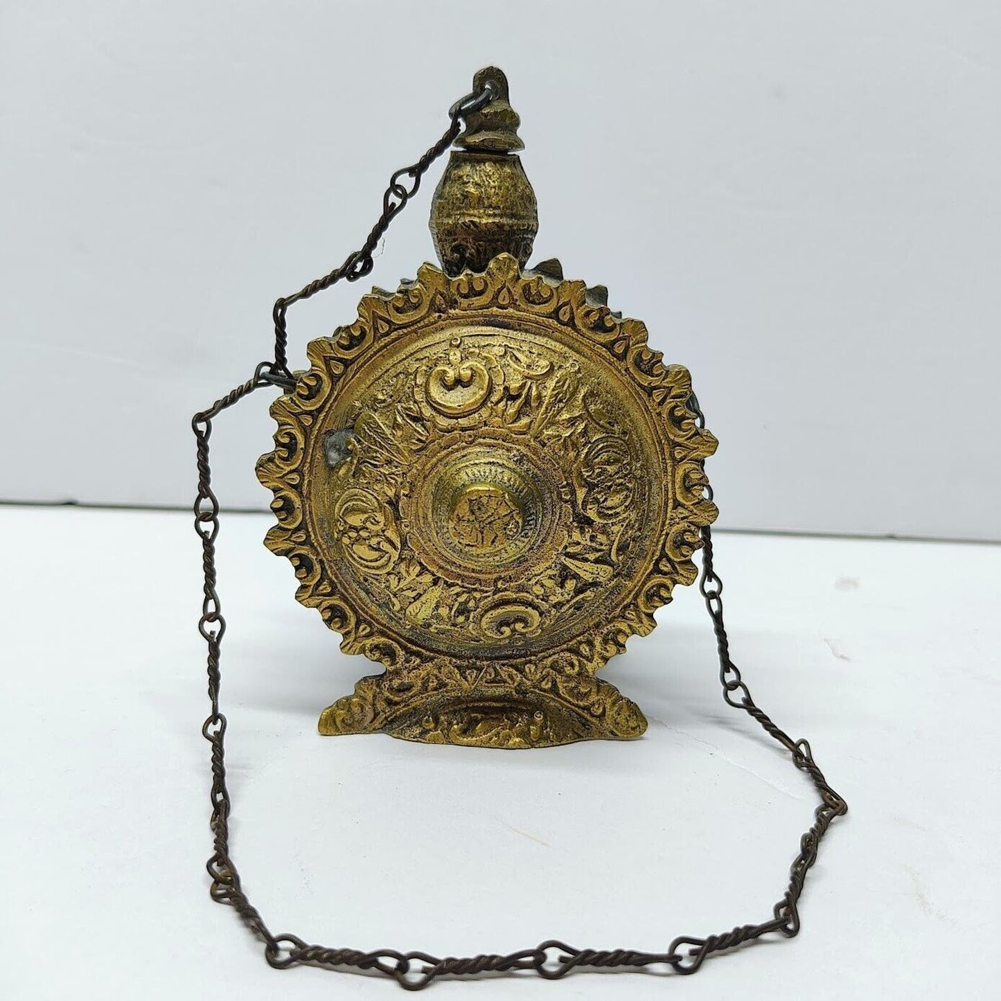 Antique Balkan Russian Powder Flask W/ Chains Repousse Metal Work 4.25" x 3"