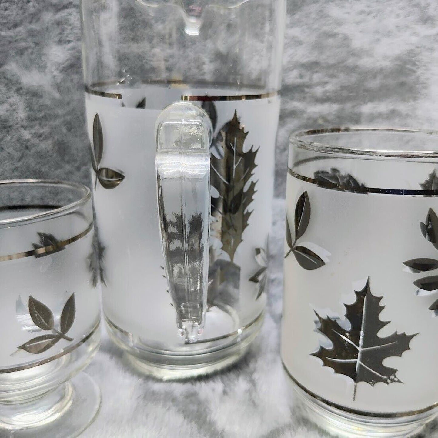 Vintage Libbey Frosted Silver Leaf Silver Foliage Pitcher & Glasses Bar Lot