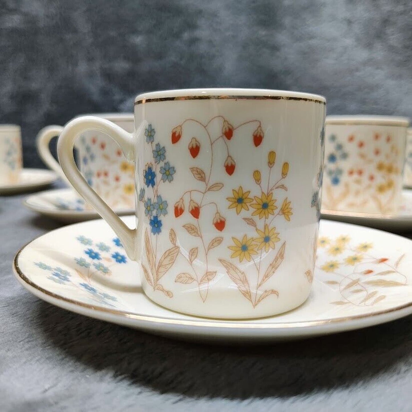 Vintage Budlet Fine China Demitasse 9 Cups & 9 Saucer Set Ivory with Flowers