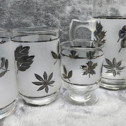 Vintage Libbey Frosted Silver Leaf Silver Foliage Pitcher & Glasses Bar Lot