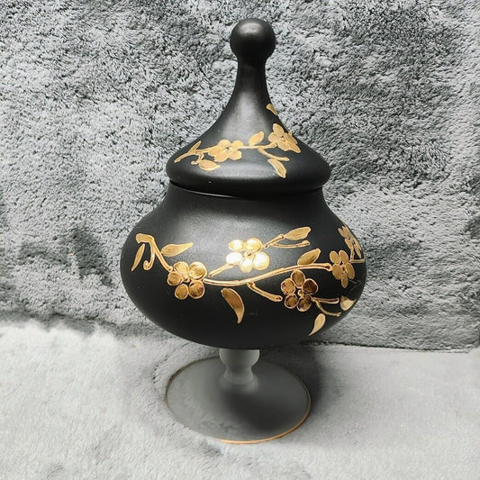 Unique Vintage Satin Finish Black Glass hand painted Gold Decoration Compote