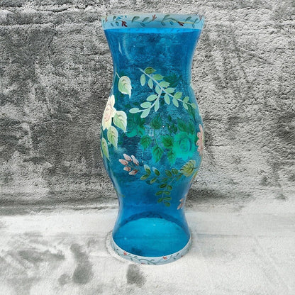 Vintage Hurricane Lamp Shade Blue Glass Chimney with Hand Painted Yellow Roses