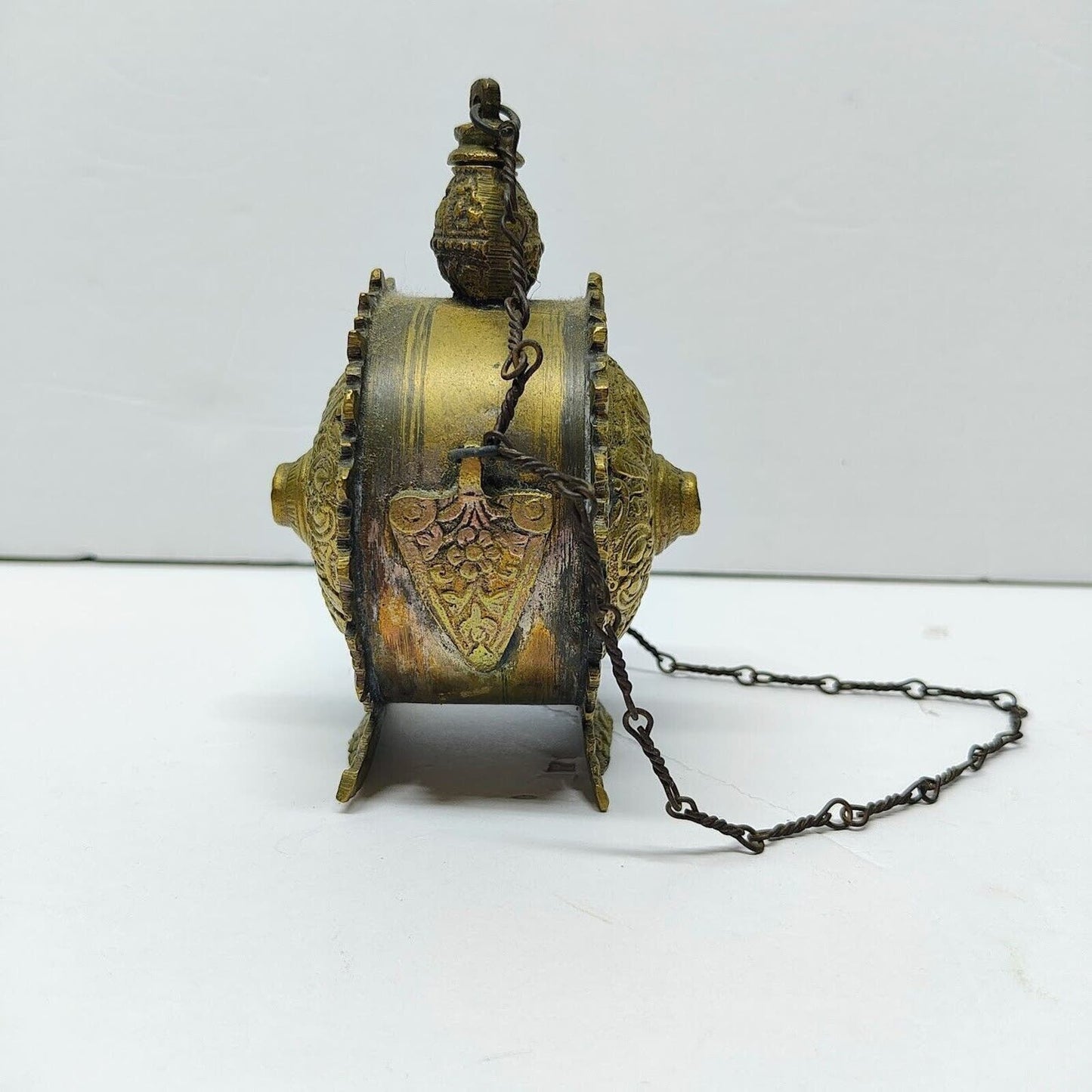 Antique Balkan Russian Powder Flask W/ Chains Repousse Metal Work 4.25" x 3"