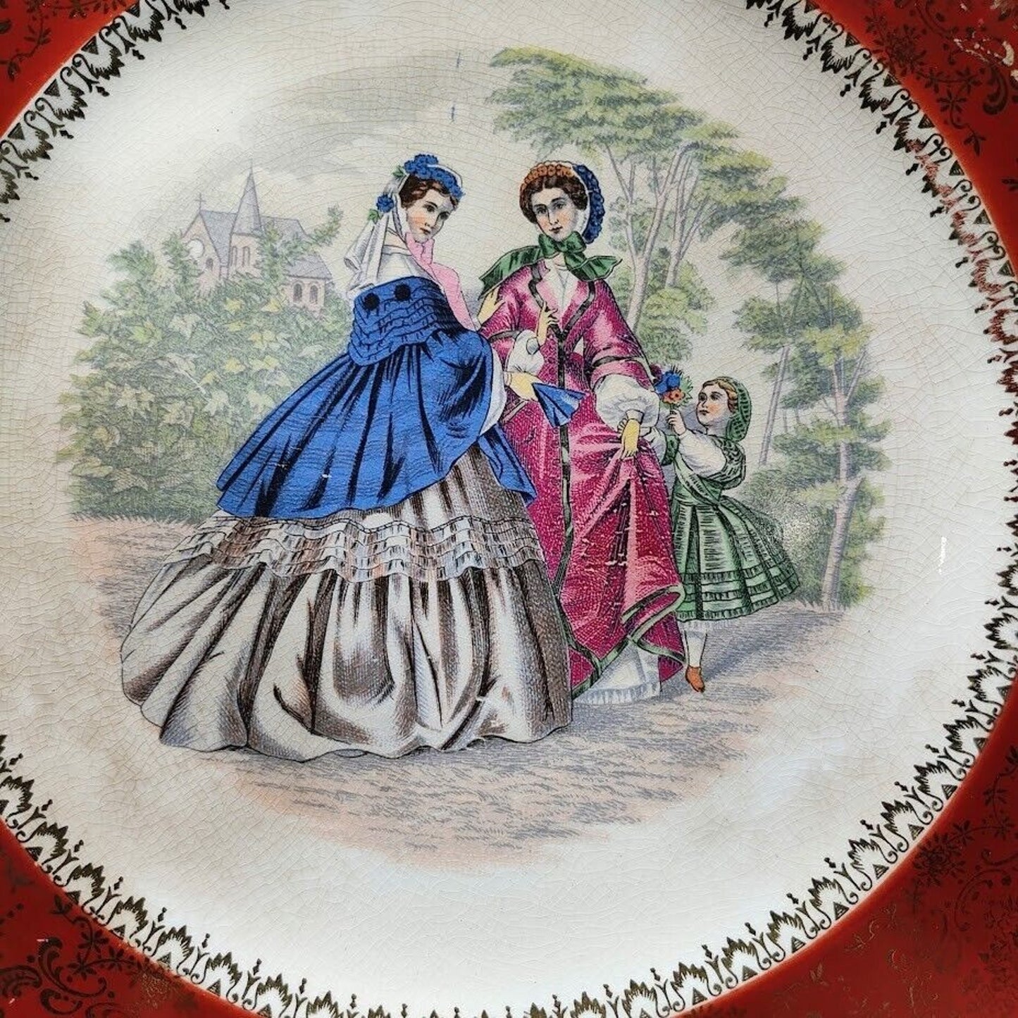 Vintage M R Victorian Red Filigree Hand Painted Gold Porcelain 10.75in Plates