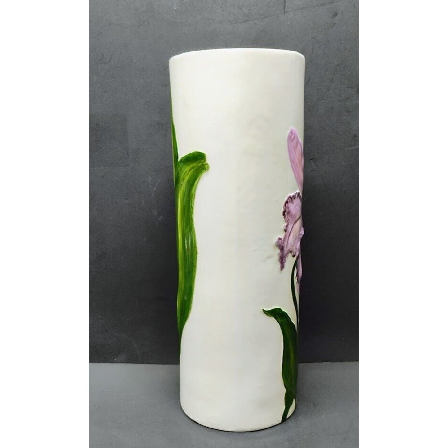 Handmade Hand Painted Porcelain Vase White Round Purple Iris 12in Tall