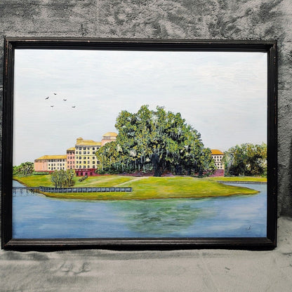 Large Painting on canvas building on a waterway and Large tree Signed KmR 2010