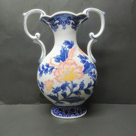 Bombay Company Blue White with flower Large Vase with Handles Chinoiserie 13.5"