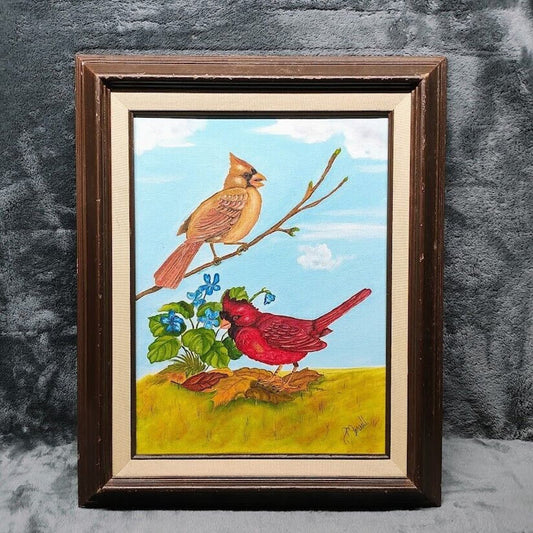 Framed painting of Male & Female Cardinals on canvas by Merrill, 21 x 17