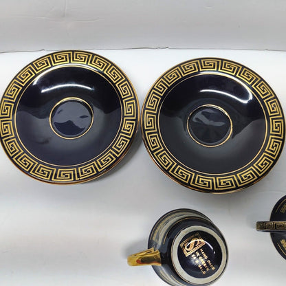 2-Greek Handmade Demitasse Cups & Saucer's Black W/ 24K Gold Vintage Spyropoulos