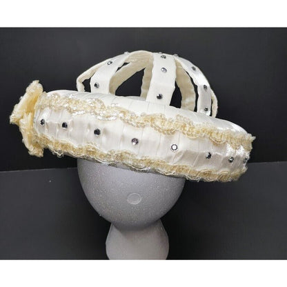 Women's White halo Crown headpiece Fascinator hat Silk Ribbon & Gem