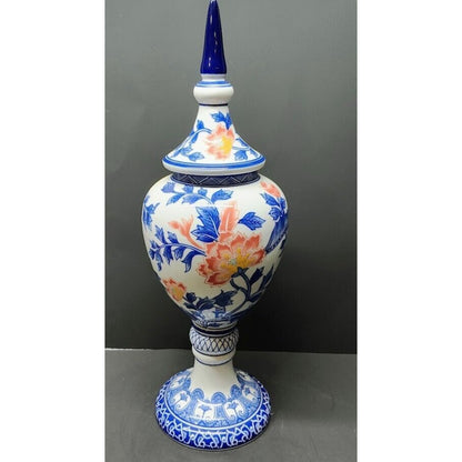 Bombay Company Blue Floral pointed lidded Urn style Large Vase 20" Tall