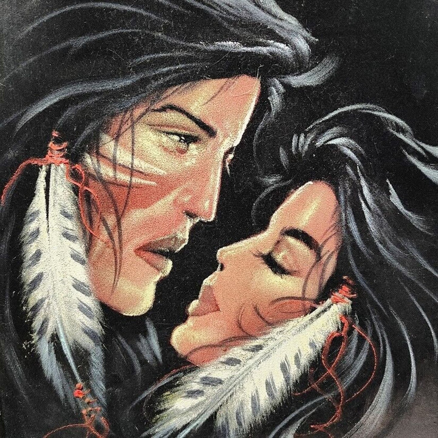 Ortiz Signed Black Velvet Oil Painting Native American Warrior & Squaw Kissing!