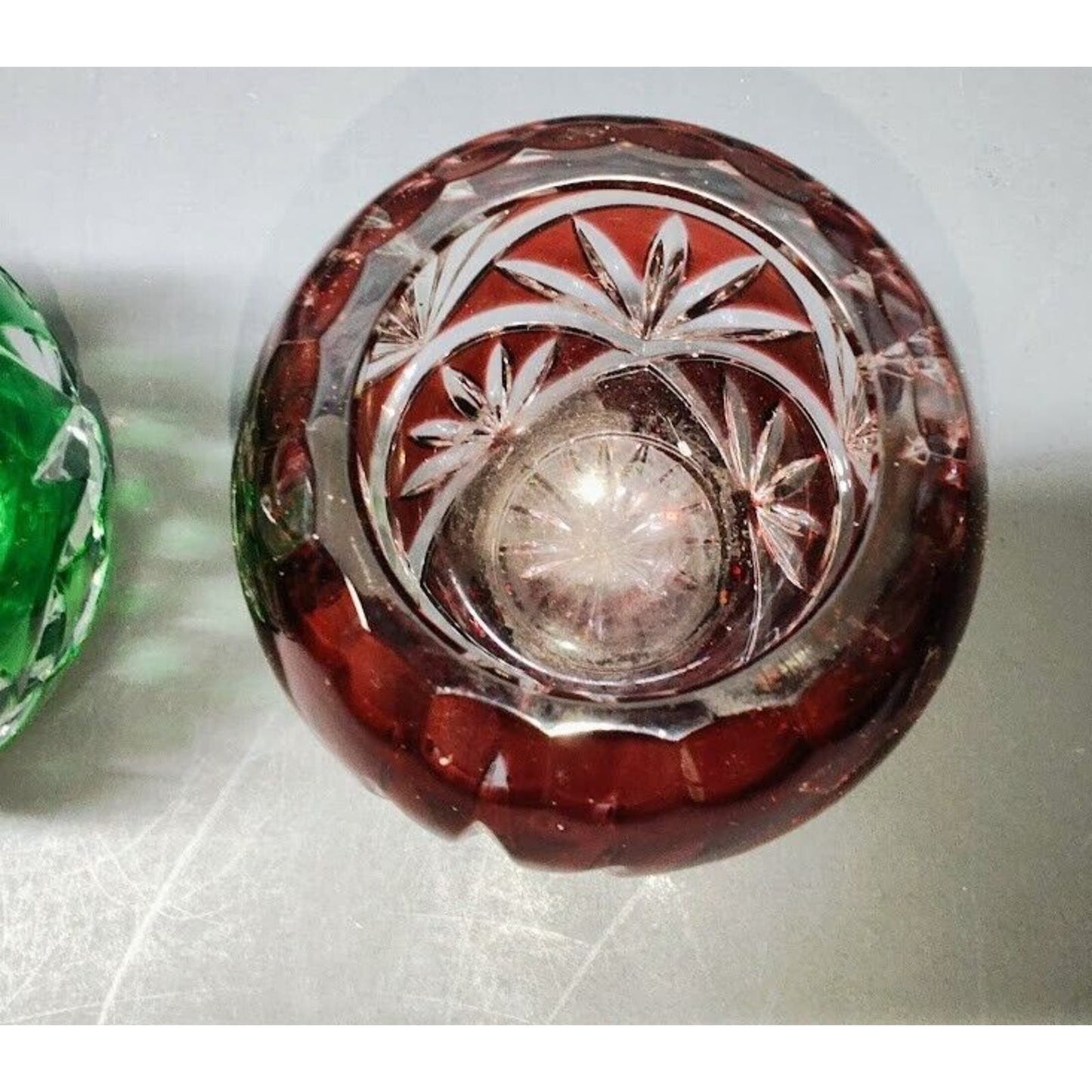 Emerald Green and Ruby Red Cut To Clear Bohemian Style candle holder Vintage