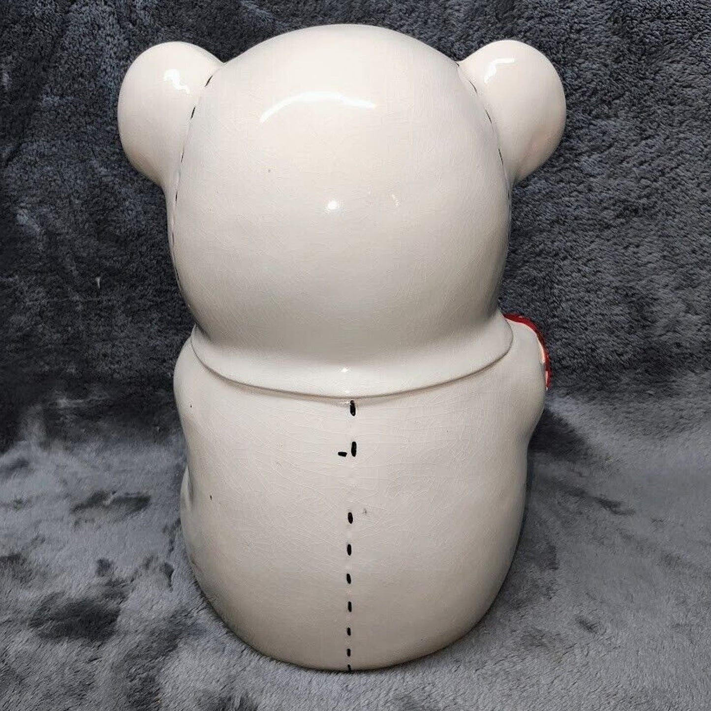 Cookie Jar Vtg Off White Ceramic Bisque 40s 50s 2 Pc Eyes Closed Teddy Bear