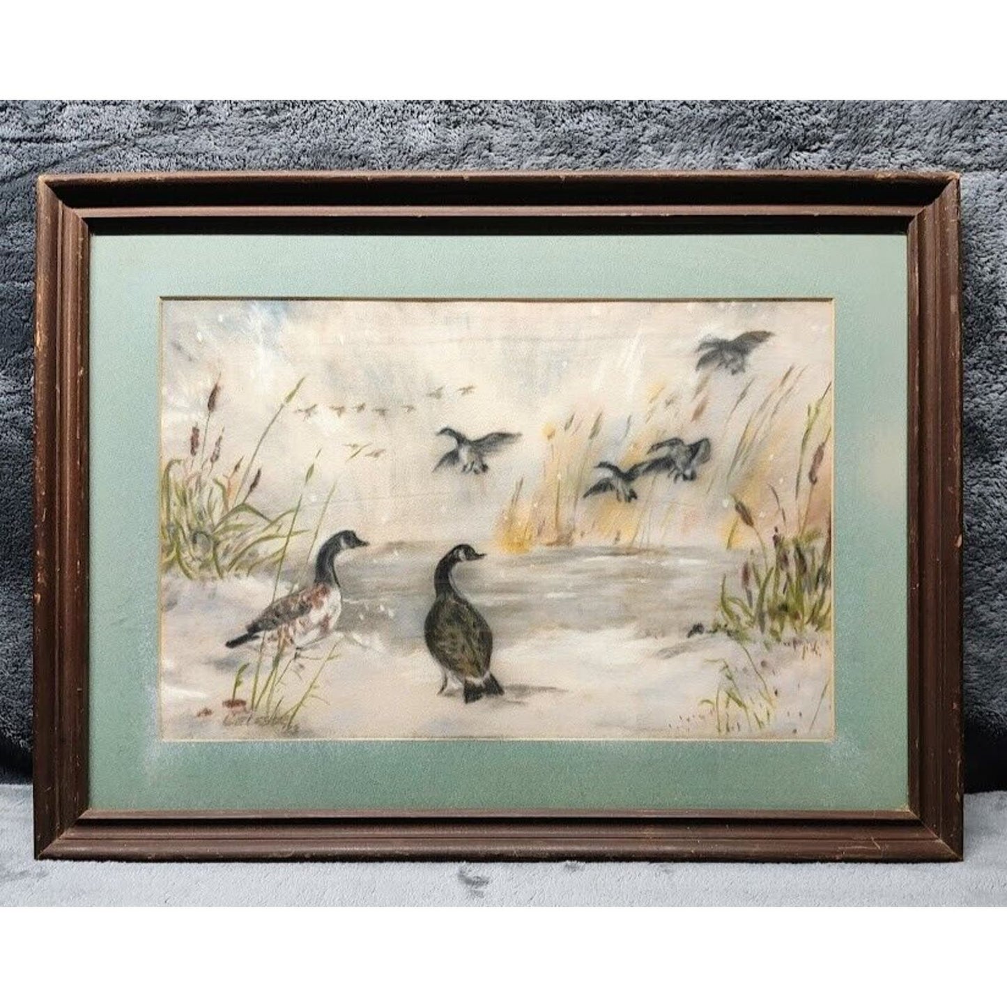 Original art of Geese near lake during the winter. Signed by Celeste 15" x 19.5"