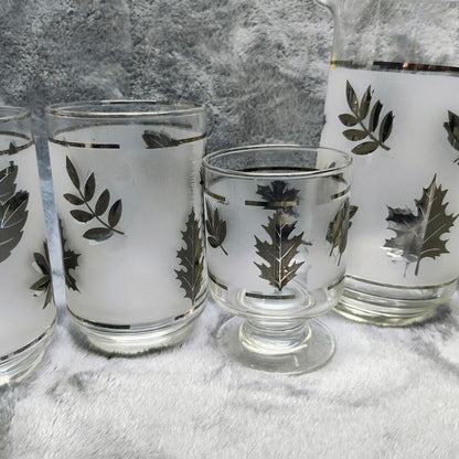 Vintage Libbey Frosted Silver Leaf Silver Foliage Pitcher & Glasses Bar Lot